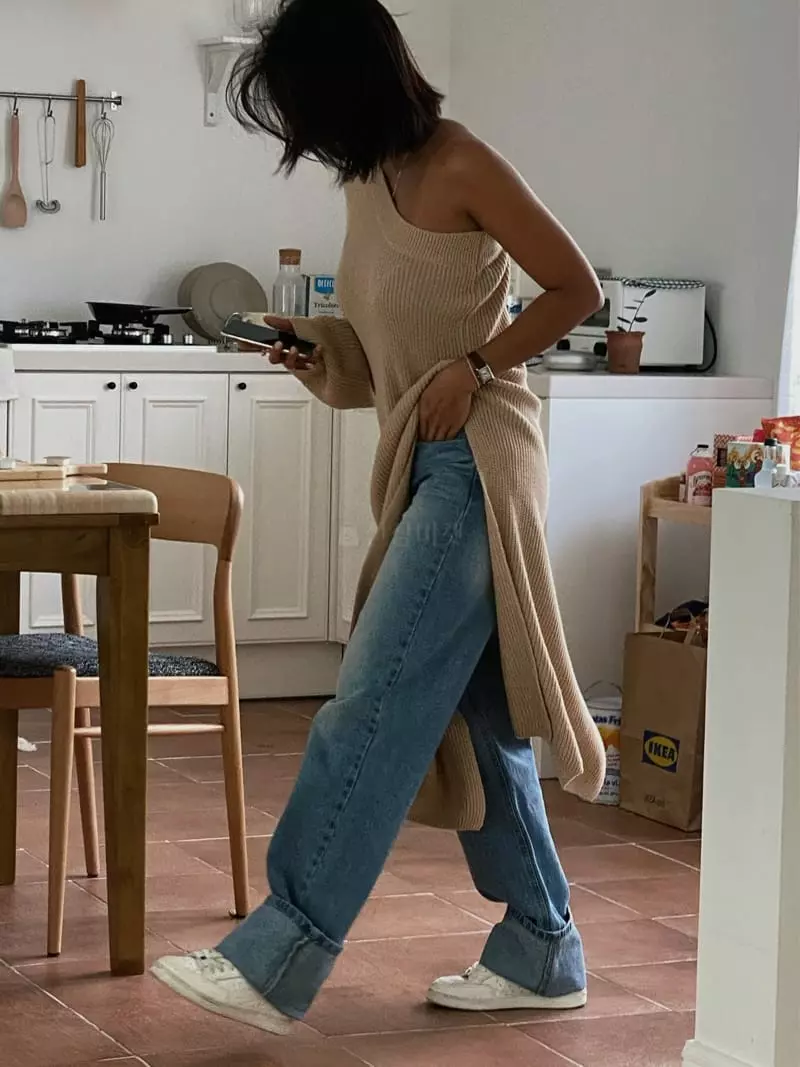 Tempting - Korean Women Fashion - #momslook - Long One Shoulder Knit Tee - 5