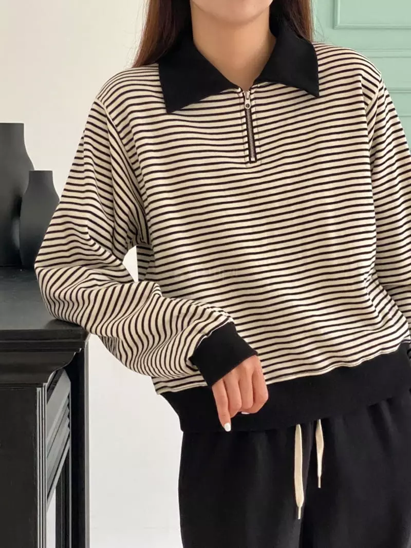 Very - Korean Women Fashion - #momslook - Collar Stripes Sweatshirt - 12