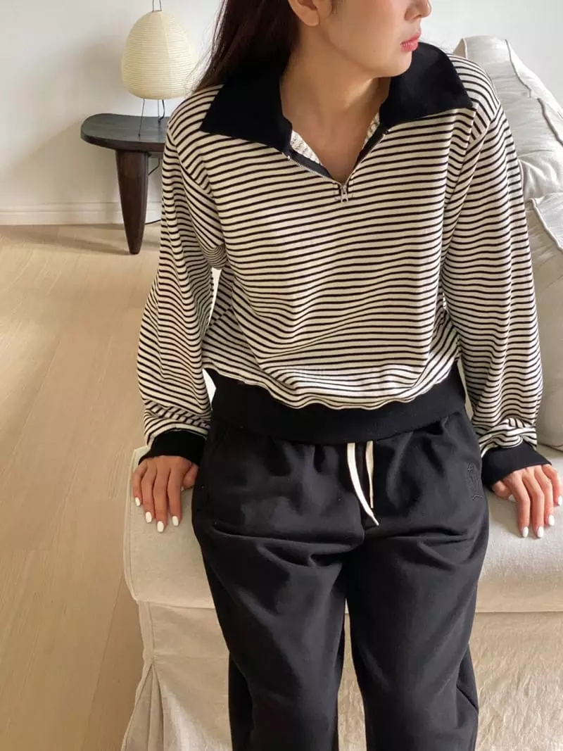 Very - Korean Women Fashion - #womensfashion - Collar Stripes Sweatshirt - 5