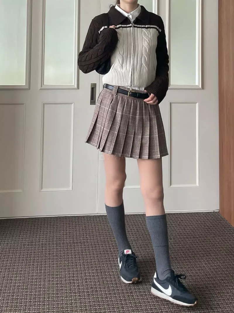 Well Row - Korean Women Fashion - #momslook - Check Double Pleats Skirt - 3