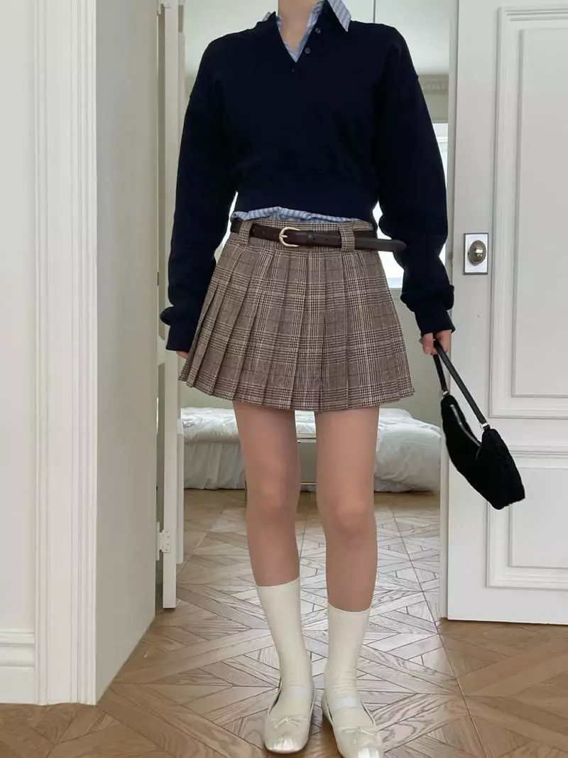 Well Row - Korean Women Fashion - #momslook - Check Double Pleats Skirt - 7