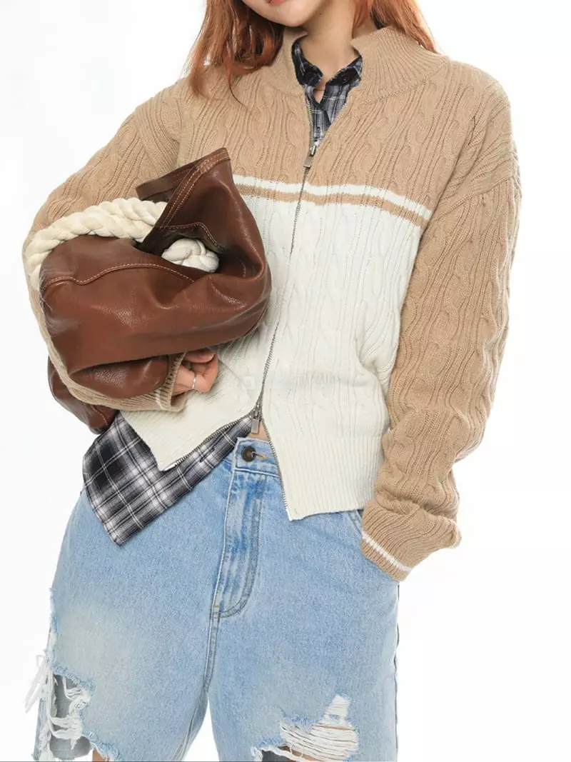 Well Row - Korean Women Fashion - #momslook - Color Cable Knit Zip-up - 6