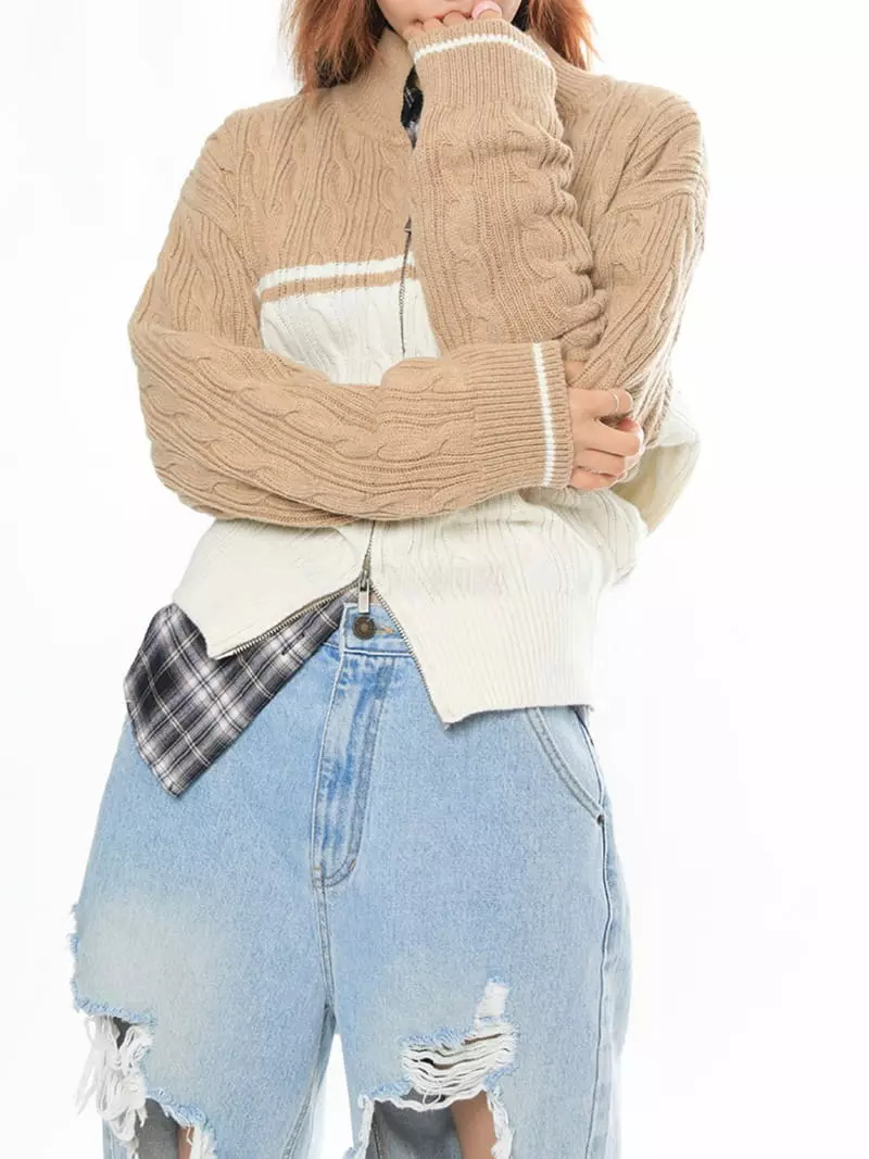Well Row - Korean Women Fashion - #womensfashion - Color Cable Knit Zip-up - 5