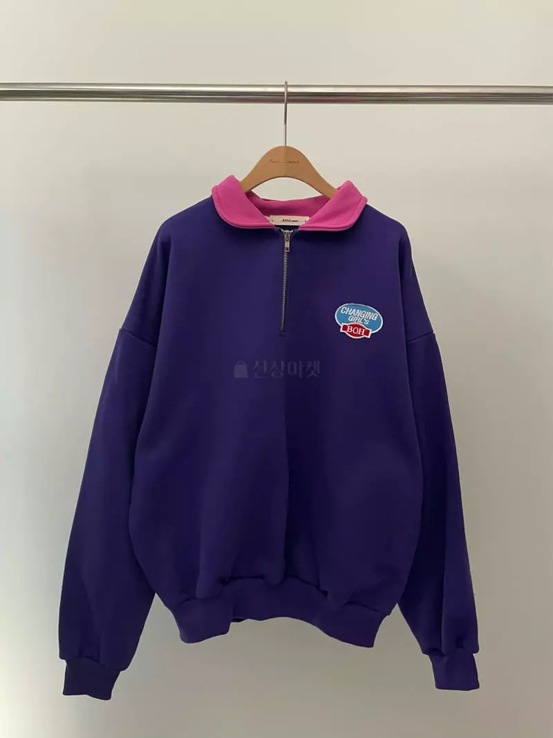 Amiment - Korean Women Fashion - #momslook - Collar Color Sweatshirt - 10