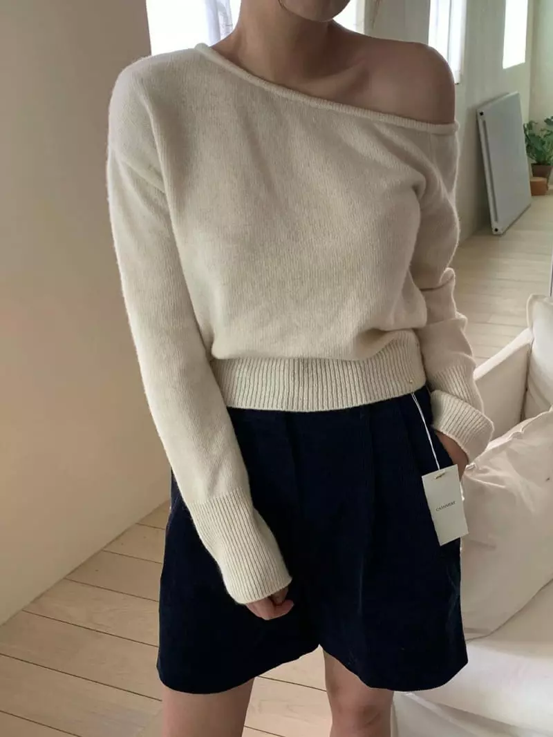Amiment - Korean Women Fashion - #momslook - One Off Shoulder Knit Tee - 12