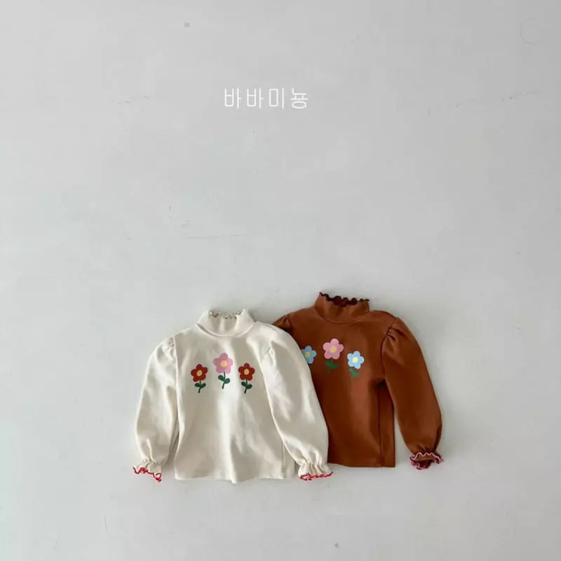 Babar Mignon - Korean Children Fashion - #kidsshorts - Flower Turtleneck Tee