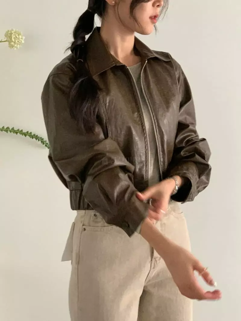 Baribari - Korean Women Fashion - #momslook - Leather Short Jumper