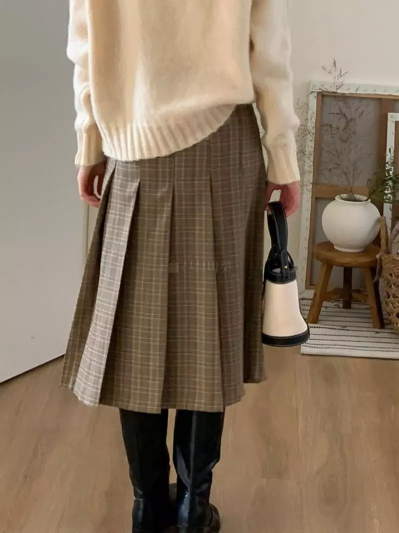 Dawning - Korean Women Fashion - #momslook - Check Wrinkle Skirt - 2