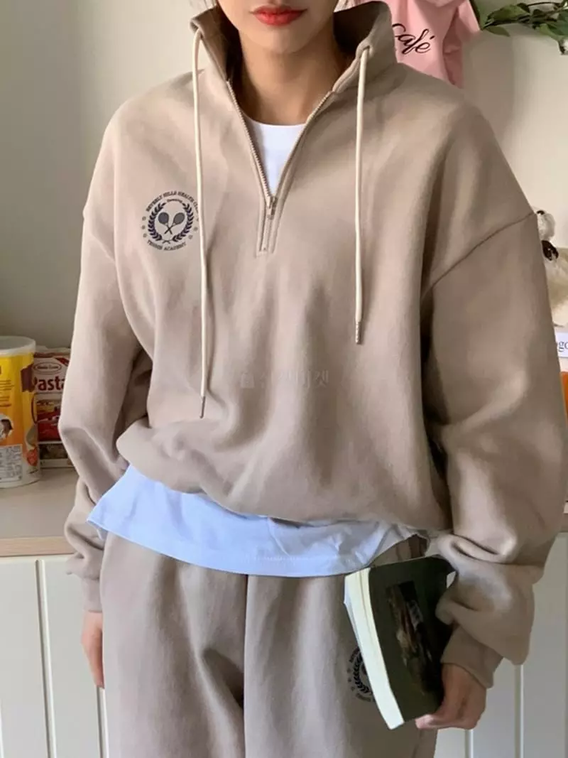 Dawning - Korean Women Fashion - #momslook - Racket Zip-up Loose Sweatshirt - 2