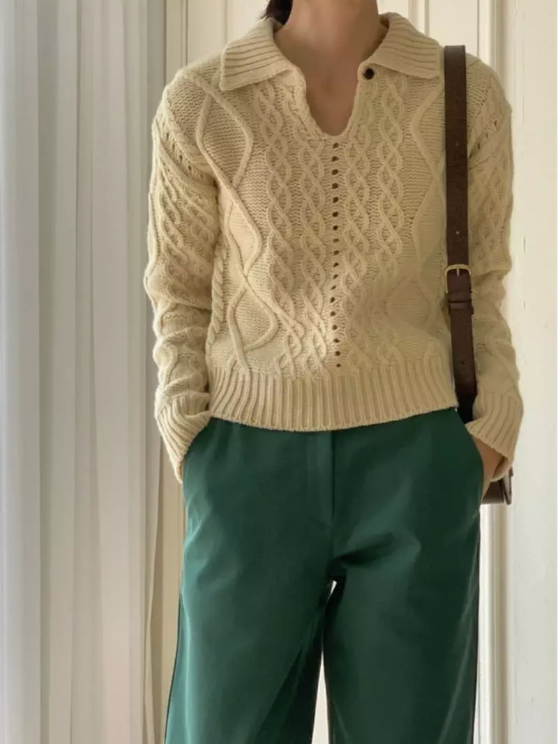 Fre - Korean Women Fashion - #pursuepretty - Cable Button Knit Tee - 5
