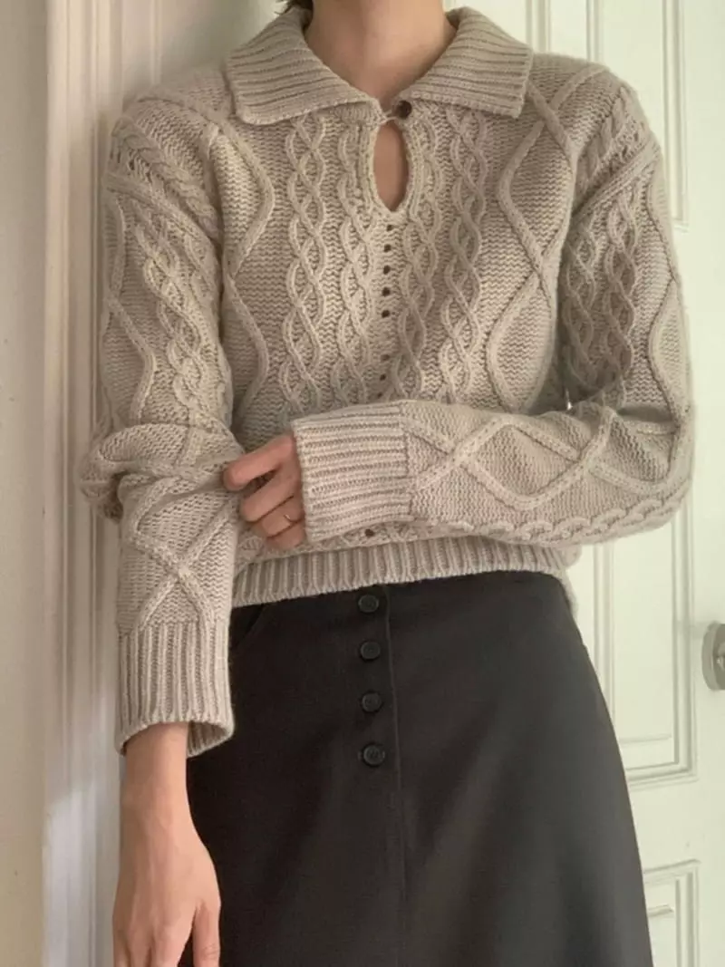 Fre - Korean Women Fashion - #restrostyle - Cable Button Knit Tee - 6