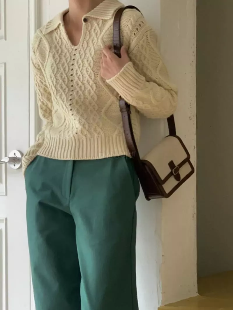 Fre - Korean Women Fashion - #vintageinspired - Cable Button Knit Tee - 4