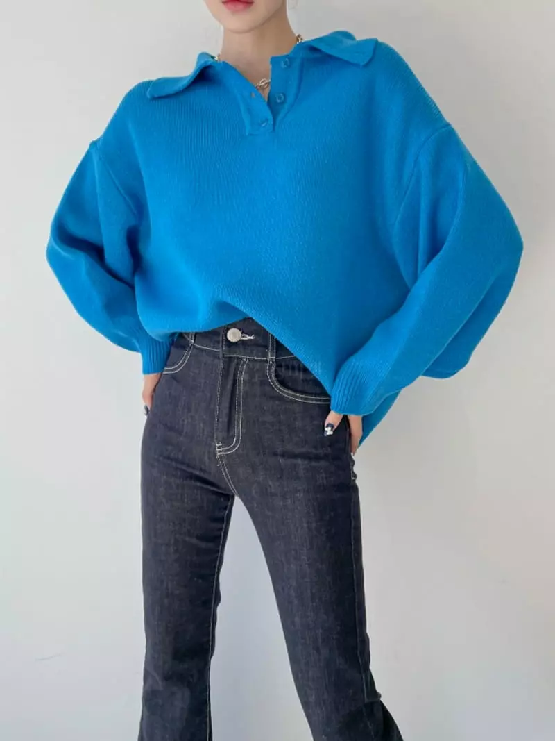 Highcolor - Korean Women Fashion - #momslook - Collar Sweatshirt Knit  - 3