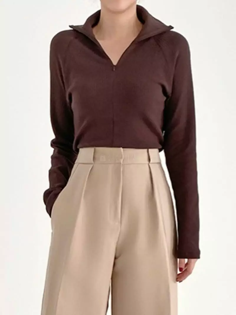 Ifuhouse - Korean Women Fashion - #momslook - Rib Half Zip-up Tee