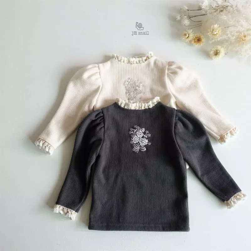 JM Snail - Korean Children Fashion - #magicofchildhood - Flower Embroidery Puff Tee - 5