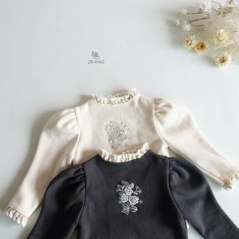 JM Snail - Korean Children Fashion - #minifashionista - Flower Embroidery Puff Tee - 6