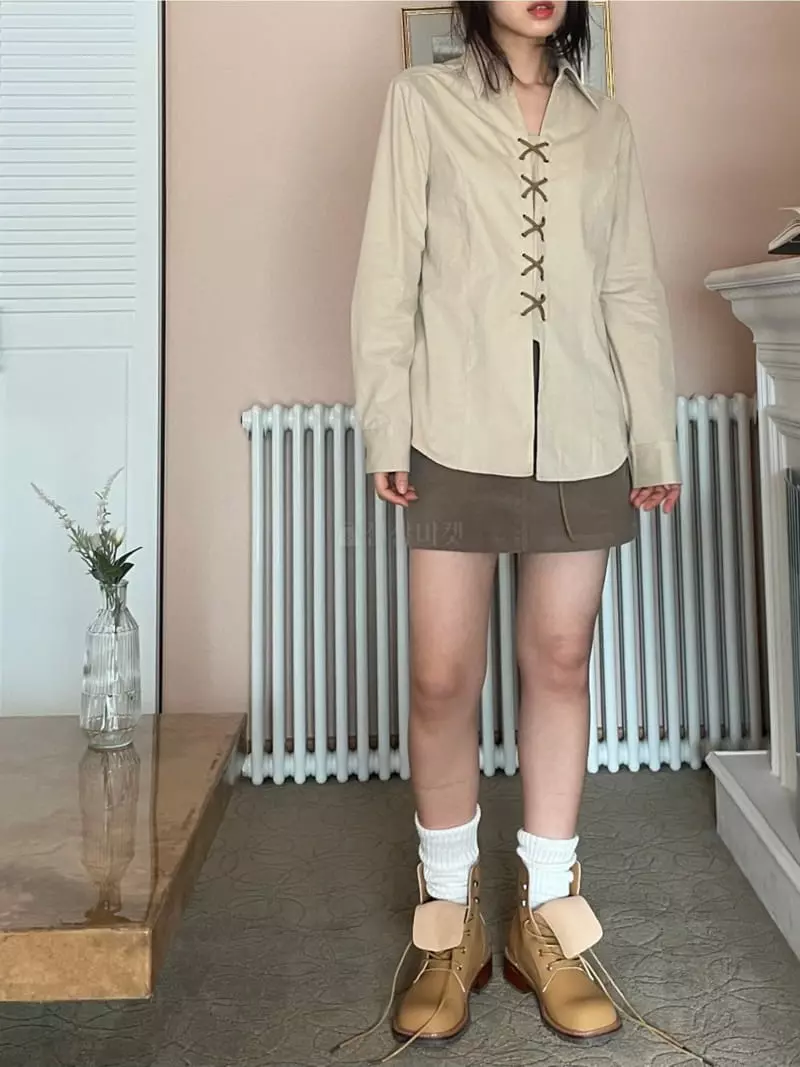 Lovemoment - Korean Women Fashion - #womensfashion - Peach Eyelet Shirt - 12