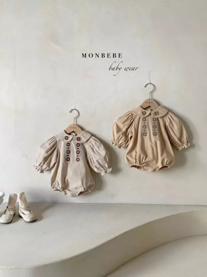 Monbebe - Korean Baby Fashion - #babyootd - Madeline Rib Embroidery Bodysuit