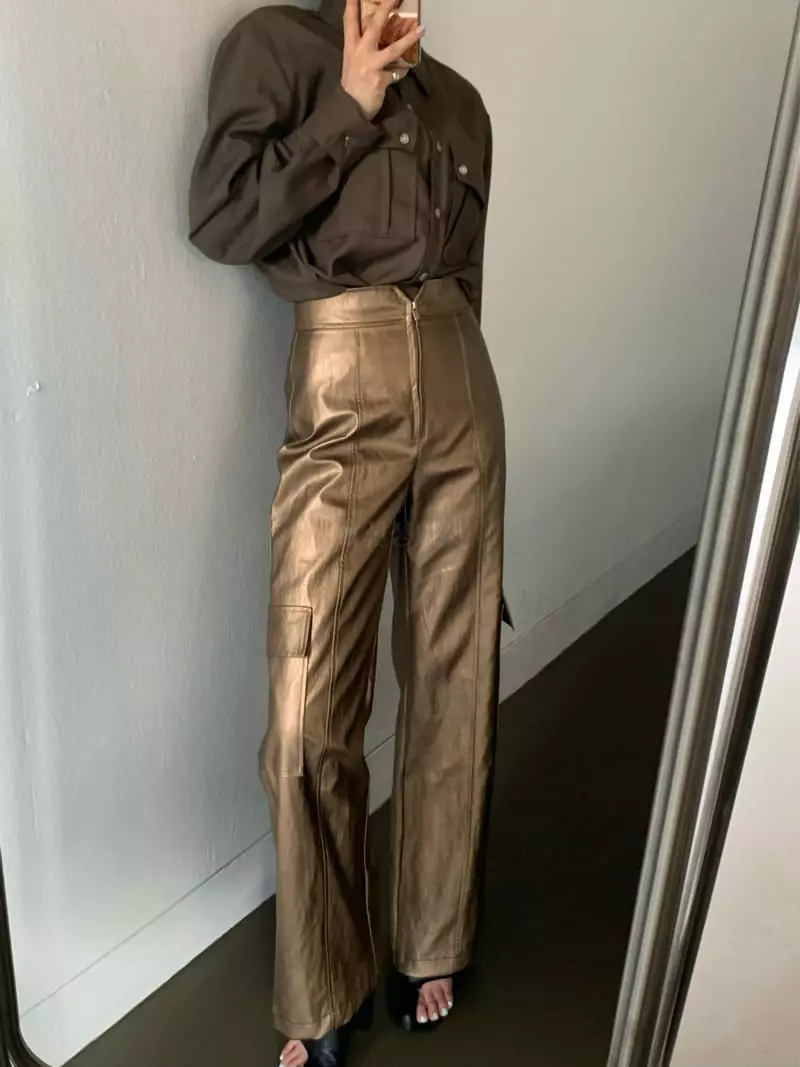 Mosaic - Korean Women Fashion - #womensfashion - Leather Pocket Pants - 7