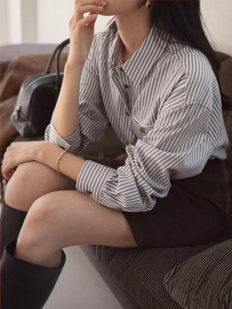 Nan - Korean Women Fashion - #momslook - Camel Stripes Shirt - 2
