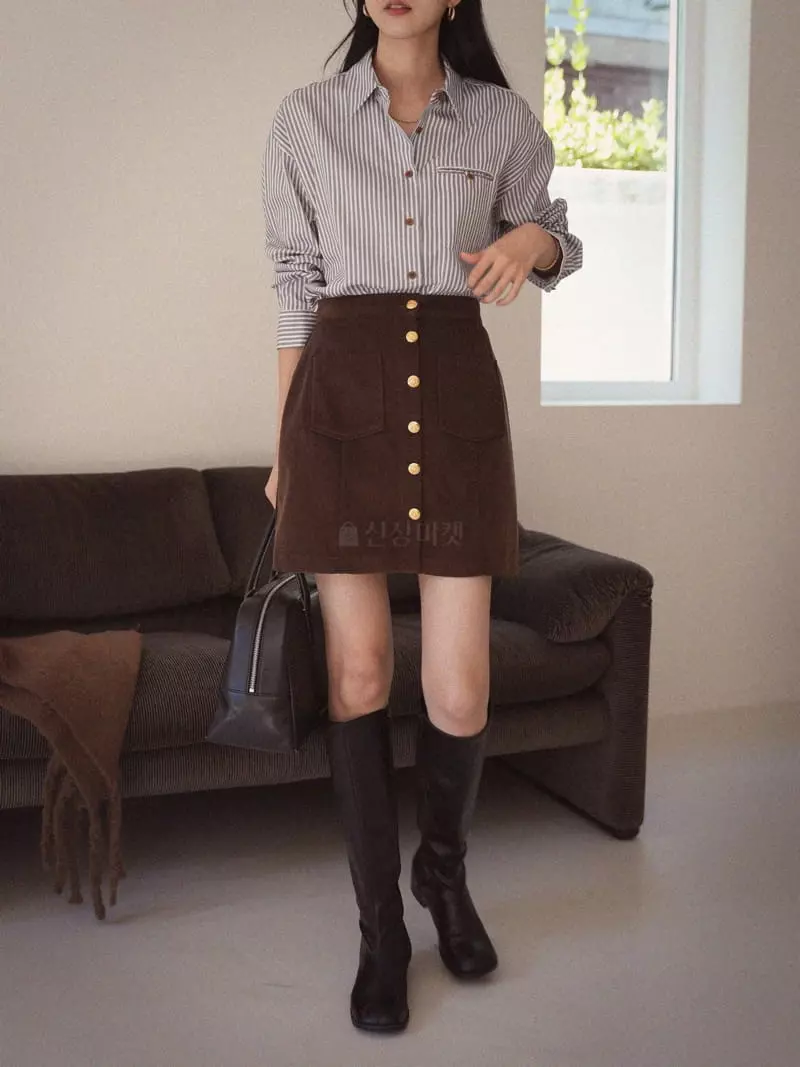Nan - Korean Women Fashion - #womensfashion - Camel Stripes Shirt - 4