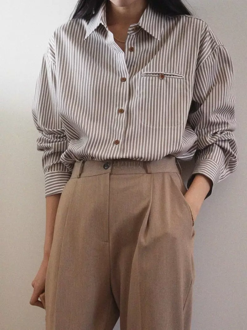 Nan - Korean Women Fashion - #momslook - Camel Stripes Shirt - 6