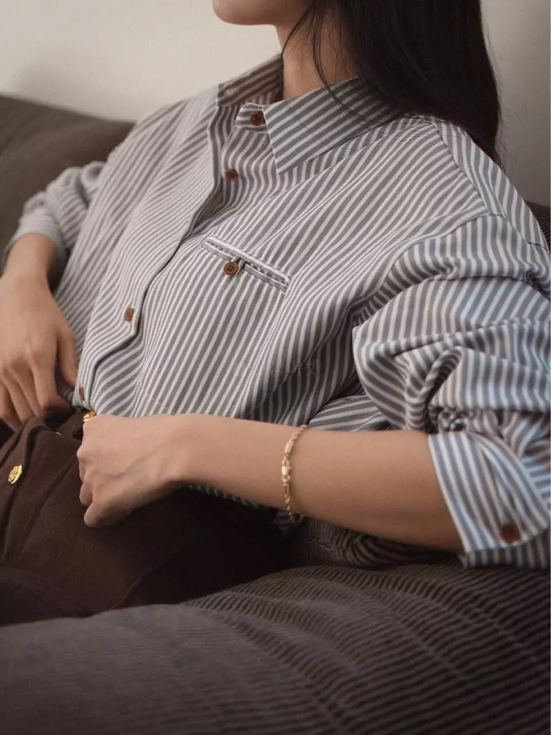 Nan - Korean Women Fashion - #thelittlethings - Camel Stripes Shirt