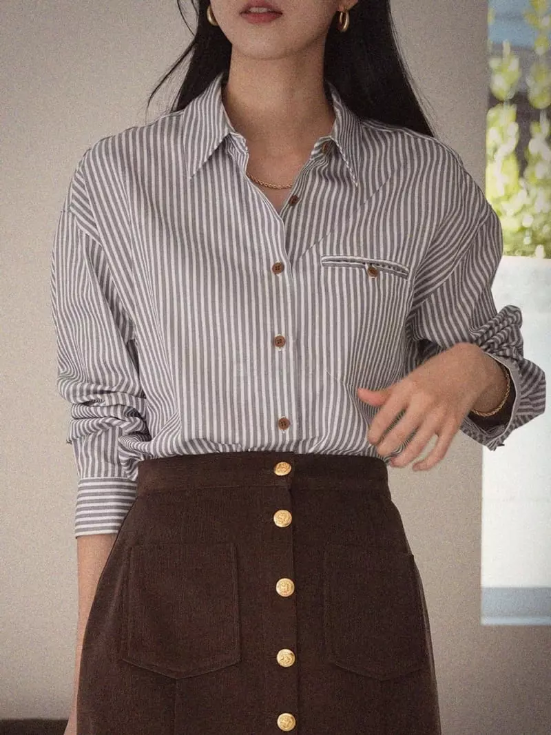 Nan - Korean Women Fashion - #womensfashion - Camel Stripes Shirt - 3