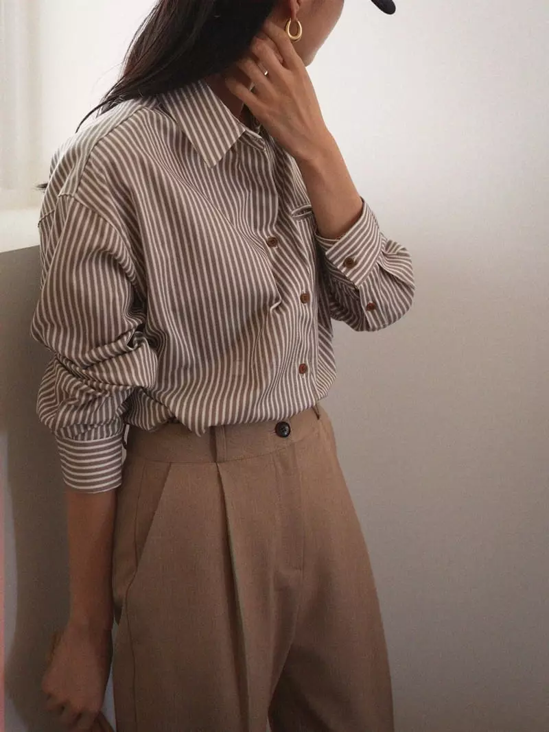 Nan - Korean Women Fashion - #womensfashion - Camel Stripes Shirt - 5