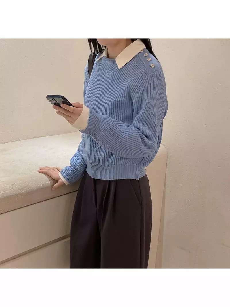 Odor - Korean Women Fashion - #womensfashion - Gold Button Knit Tee - 4