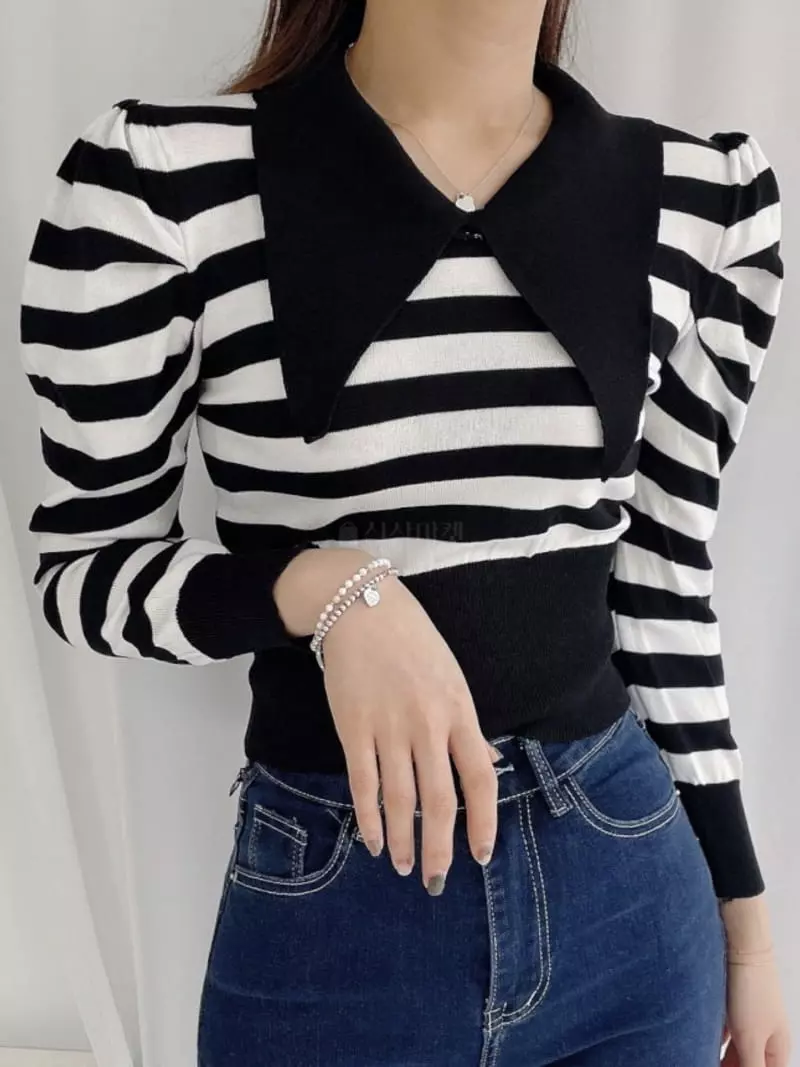 Oneway - Korean Women Fashion - #momslook - Stripes Puff Knit Tee - 3