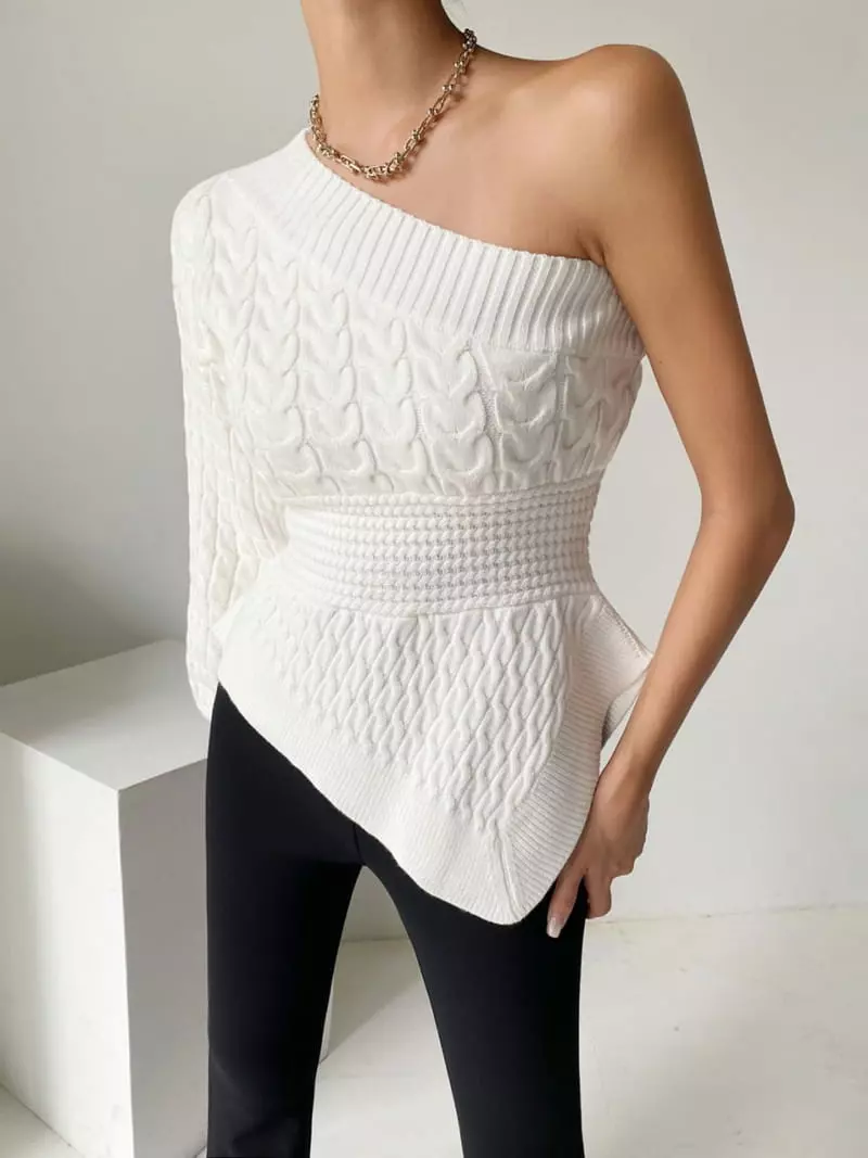 Oneway - Korean Women Fashion - #momslook - Twist Off Sholder Knit Tee - 5