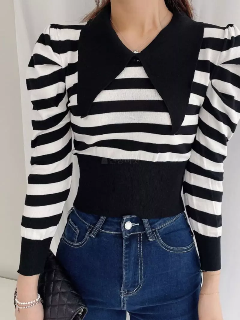 Oneway - Korean Women Fashion - #momslook - Stripes Puff Knit Tee - 4