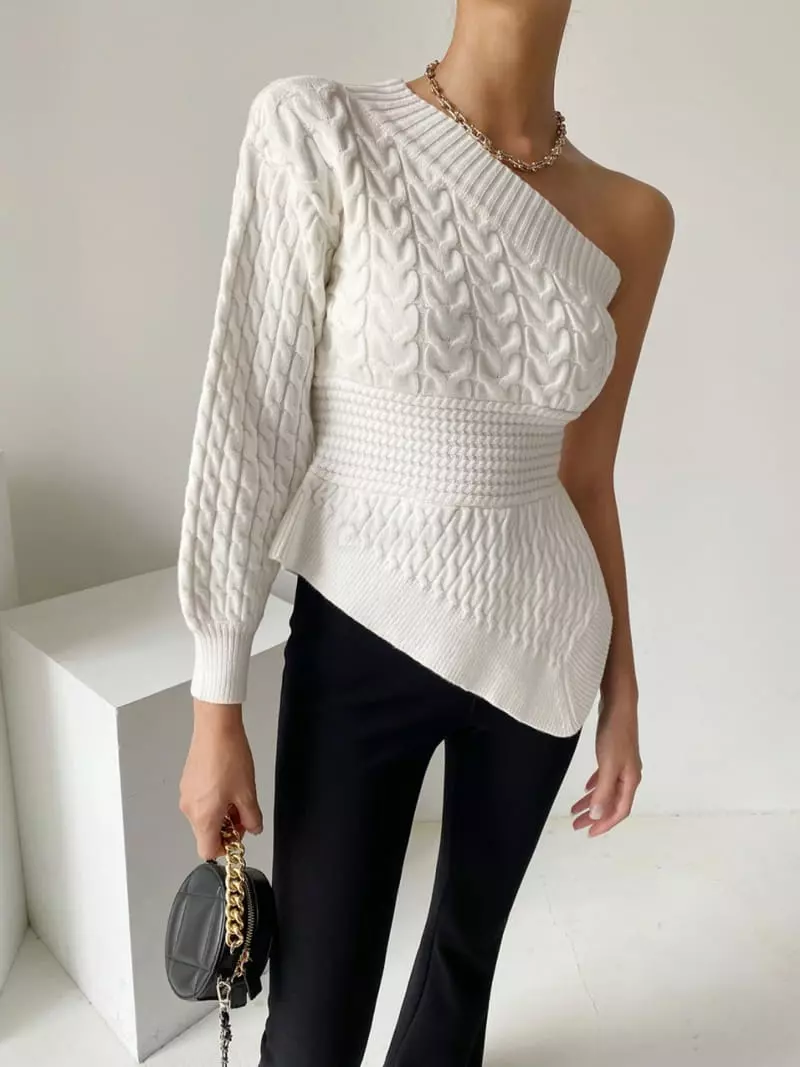 Oneway - Korean Women Fashion - #momslook - Twist Off Sholder Knit Tee - 4