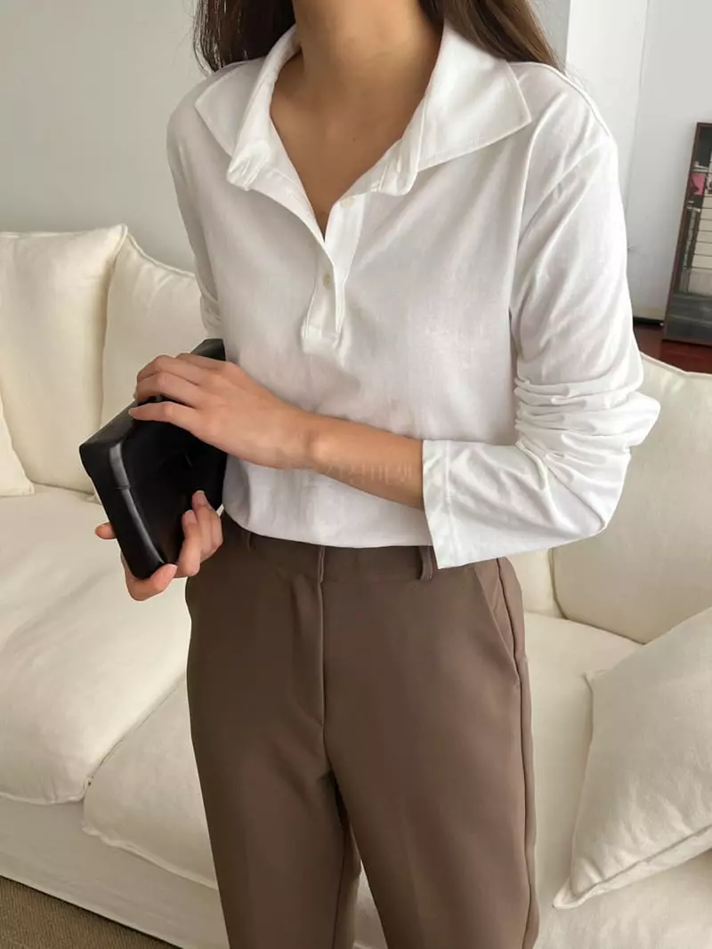 Outrene - Korean Women Fashion - #momslook - Collar Button Tee