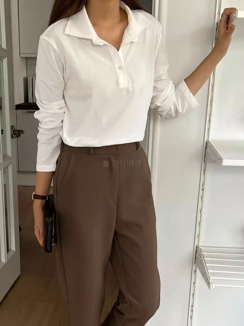 Outrene - Korean Women Fashion - #momslook - Collar Button Tee - 3