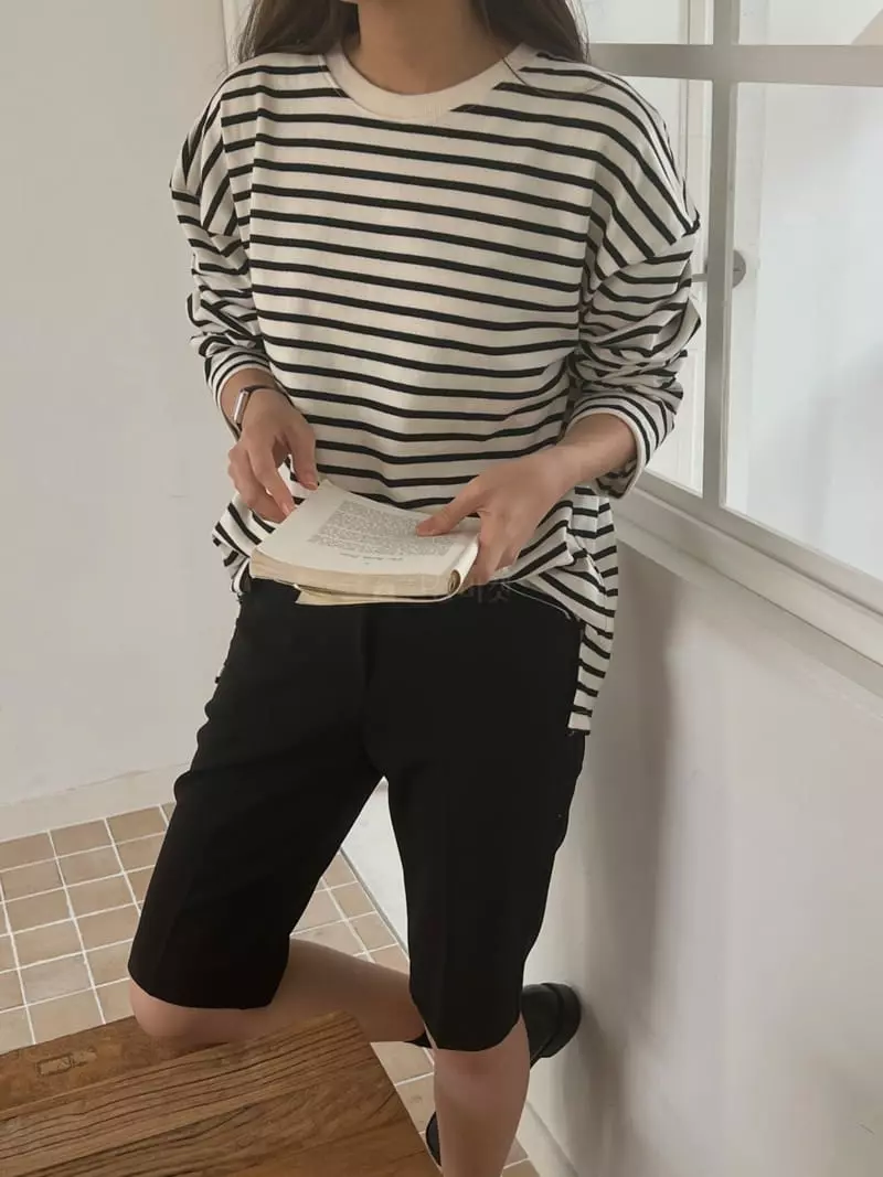 Outrene - Korean Women Fashion - #momslook - Stripes Slit Tee