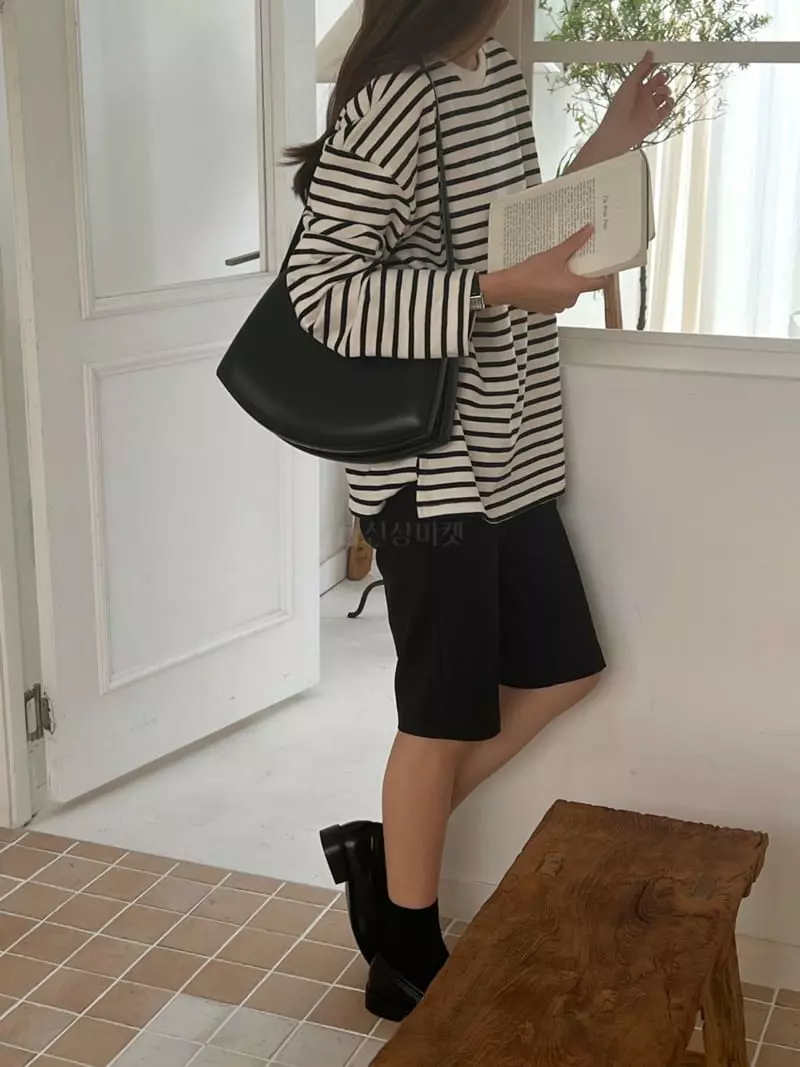 Outrene - Korean Women Fashion - #momslook - Stripes Slit Tee - 11