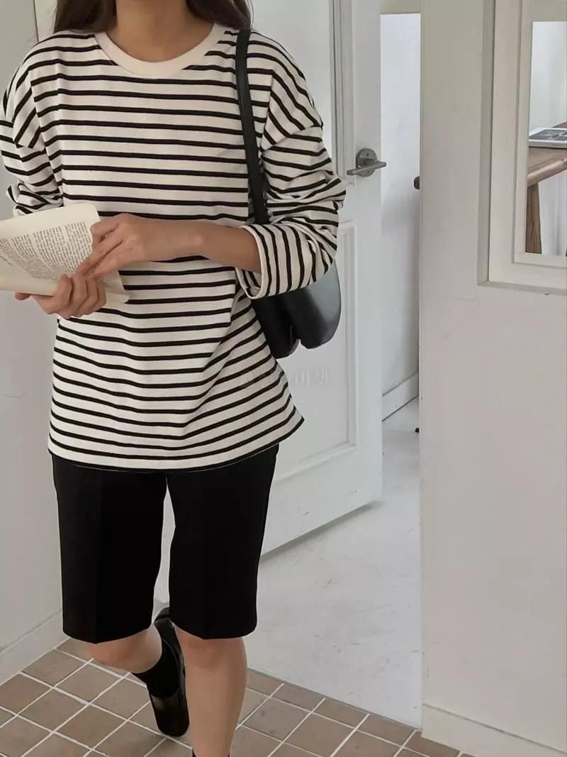 Outrene - Korean Women Fashion - #momslook - Stripes Slit Tee - 3