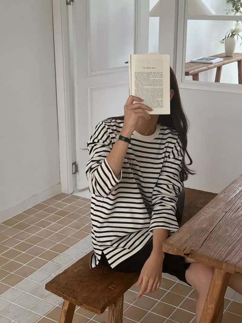 Outrene - Korean Women Fashion - #momslook - Stripes Slit Tee - 5