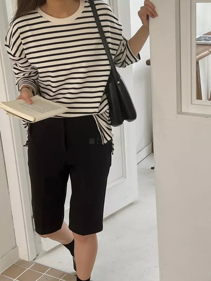 Outrene - Korean Women Fashion - #momslook - Stripes Slit Tee - 7