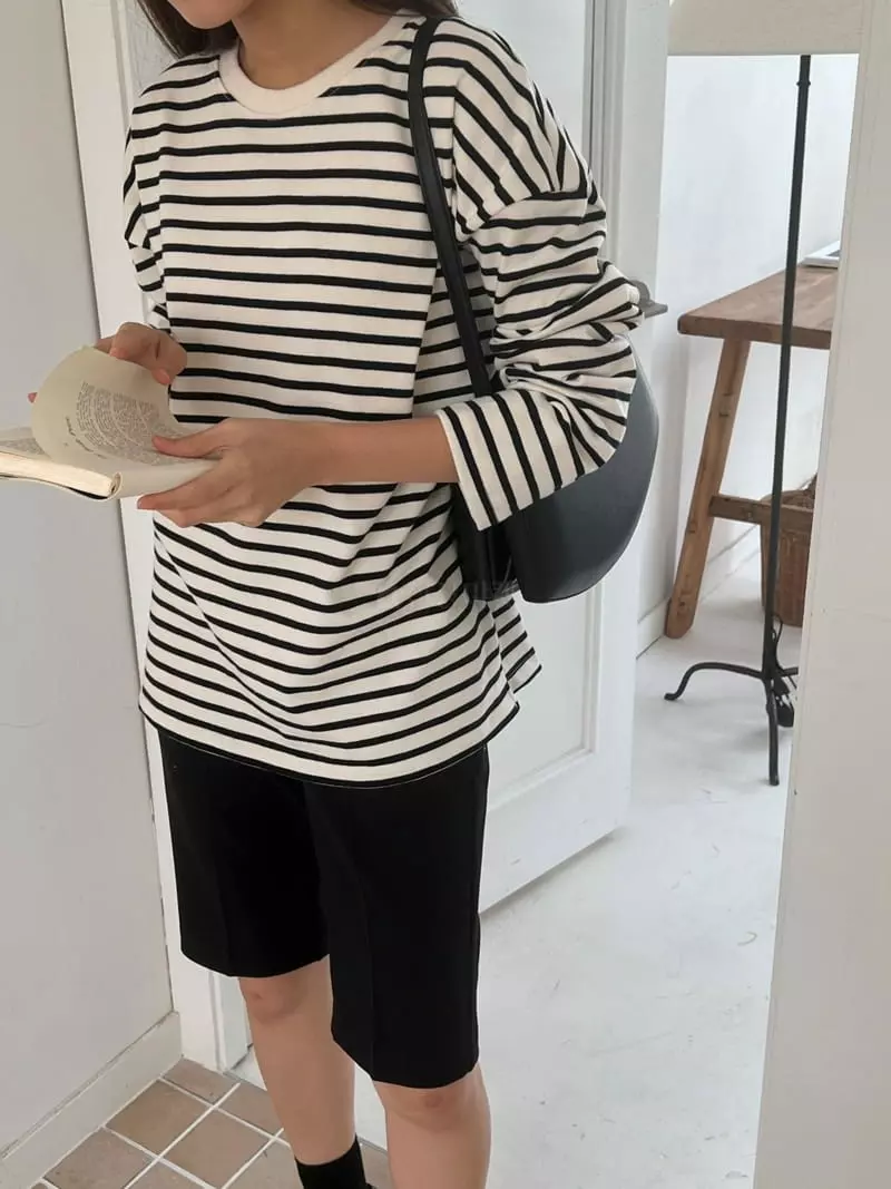 Outrene - Korean Women Fashion - #momslook - Stripes Slit Tee - 9