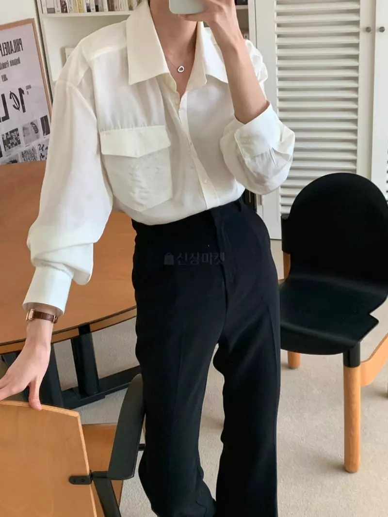 Outrene - Korean Women Fashion - #shopsmall - Silk Pocket Blouse - 3