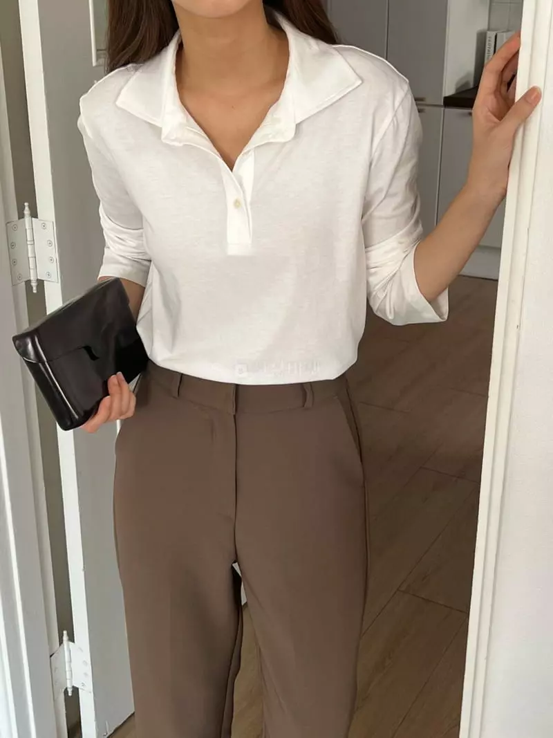 Outrene - Korean Women Fashion - #vintageinspired - Collar Button Tee - 5