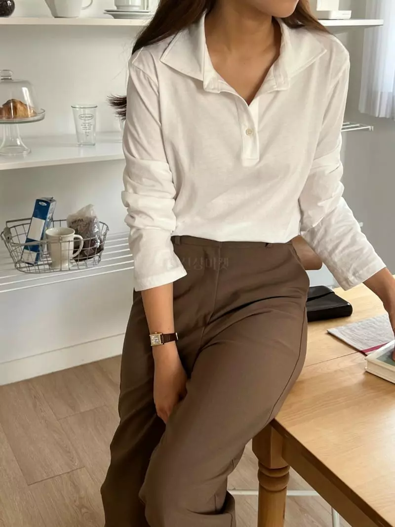 Outrene - Korean Women Fashion - #vintagekidsstyle - Collar Button Tee - 6