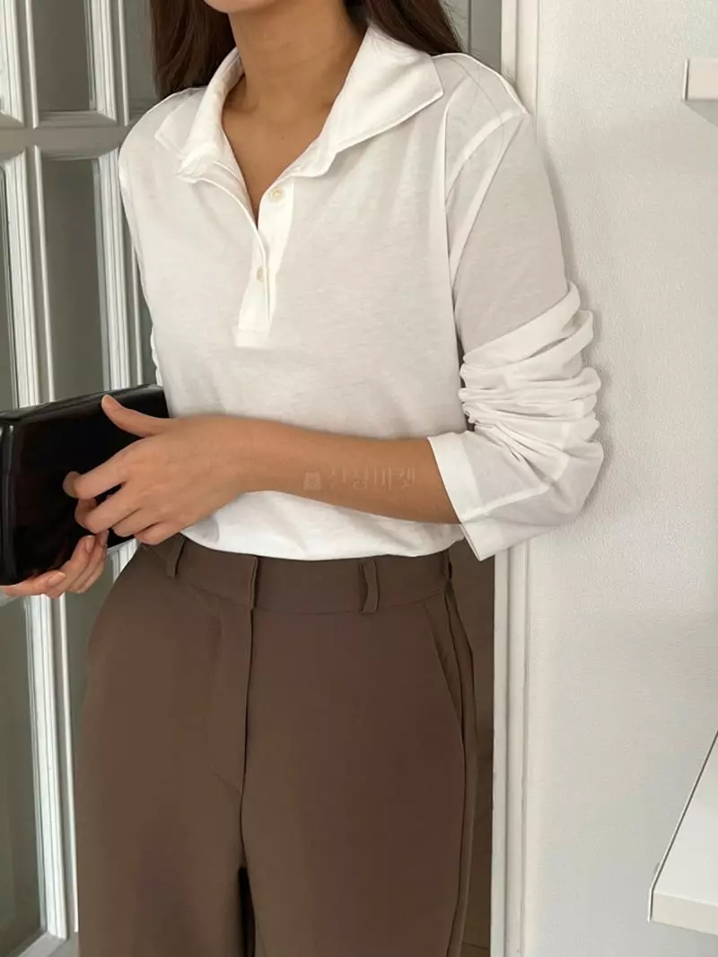 Outrene - Korean Women Fashion - #momslook - Collar Button Tee - 4
