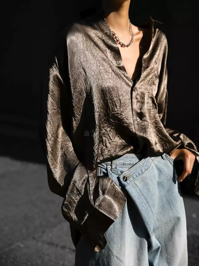 Paper Moon - Korean Women Fashion - #womensfashion - Oversize Rinkle Silky Button Shirt - 3