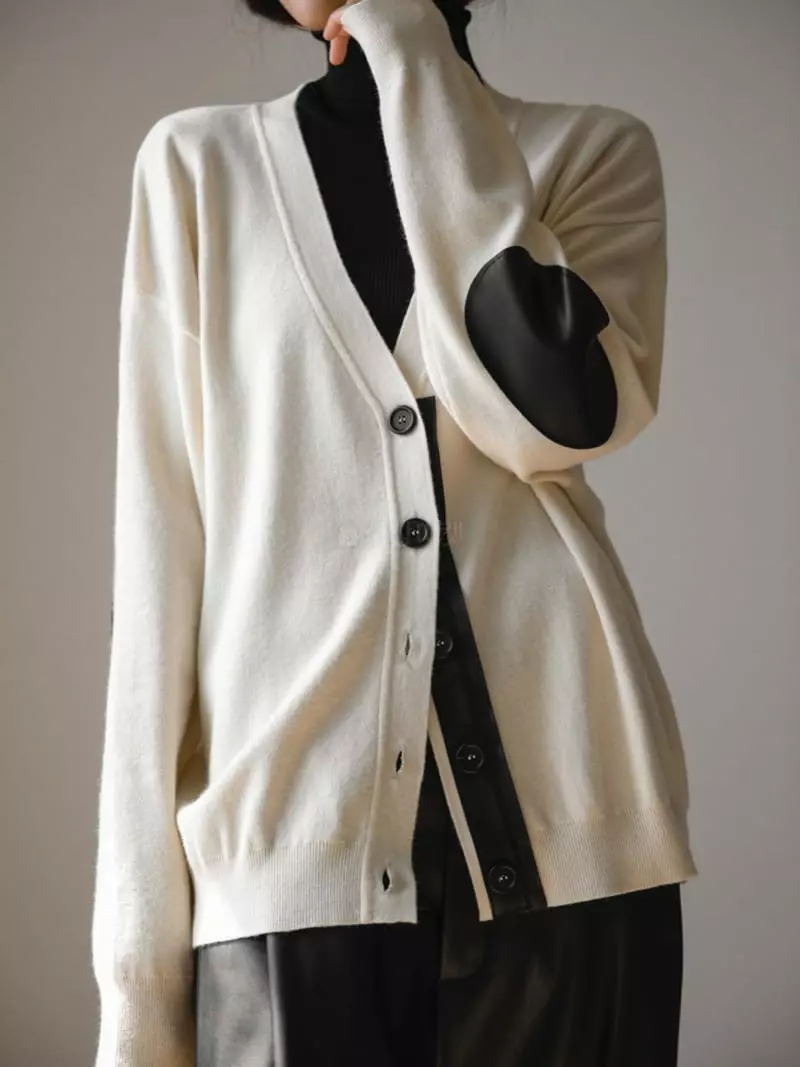 Paper Moon - Korean Women Fashion - #womensfashion - Leather Patch Cardigan - 6