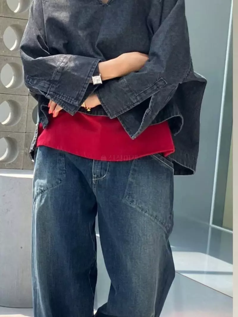 Paris Match - Korean Women Fashion - #momslook - V Denim Shirt - 11