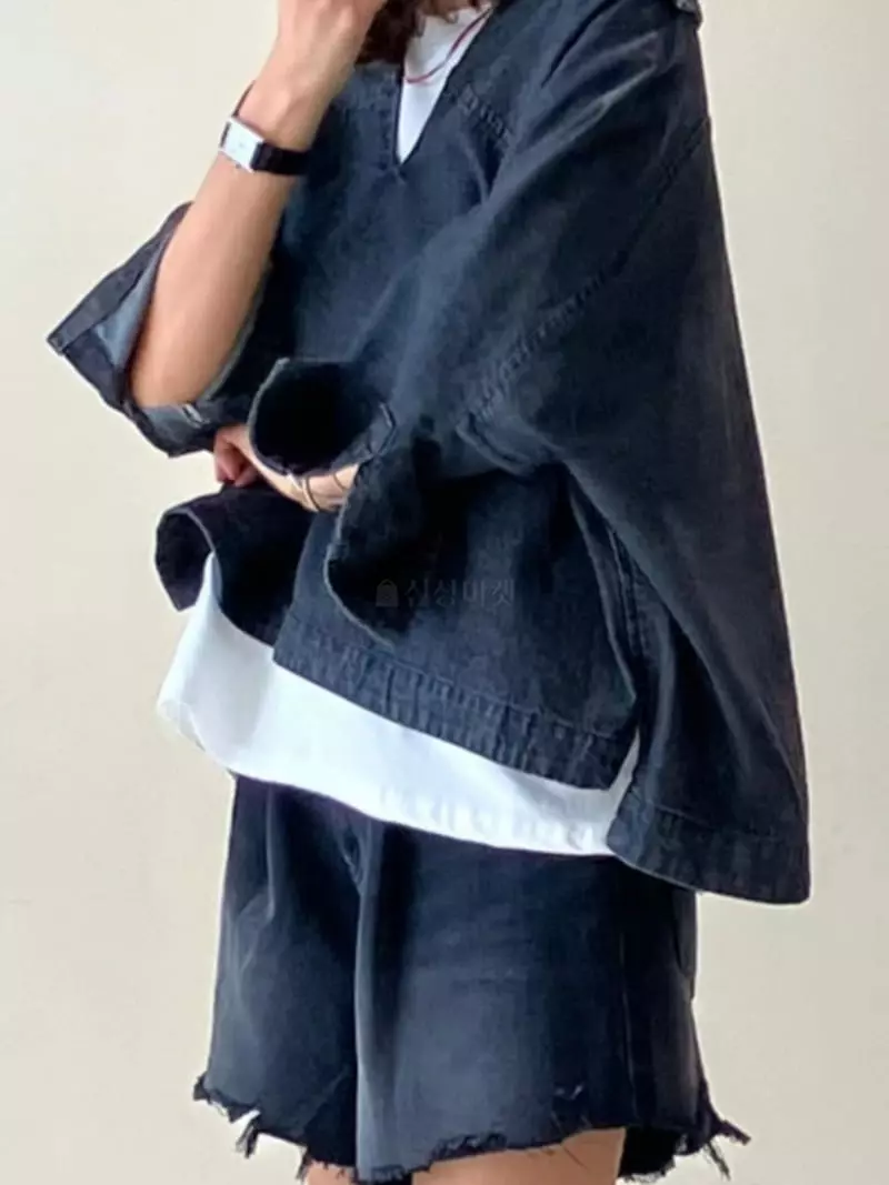 Paris Match - Korean Women Fashion - #momslook - V Denim Shirt - 7